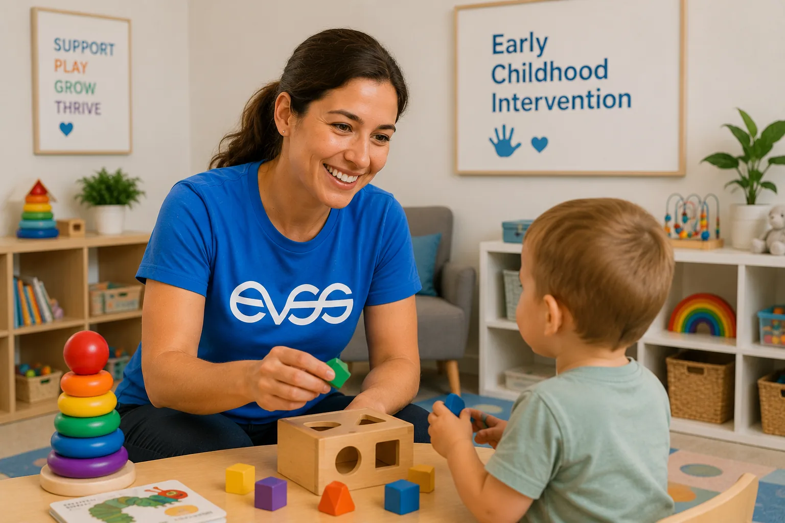EVSS Early Childhood Intervention practitioner playing with a toddler and a wooden shape sorter
