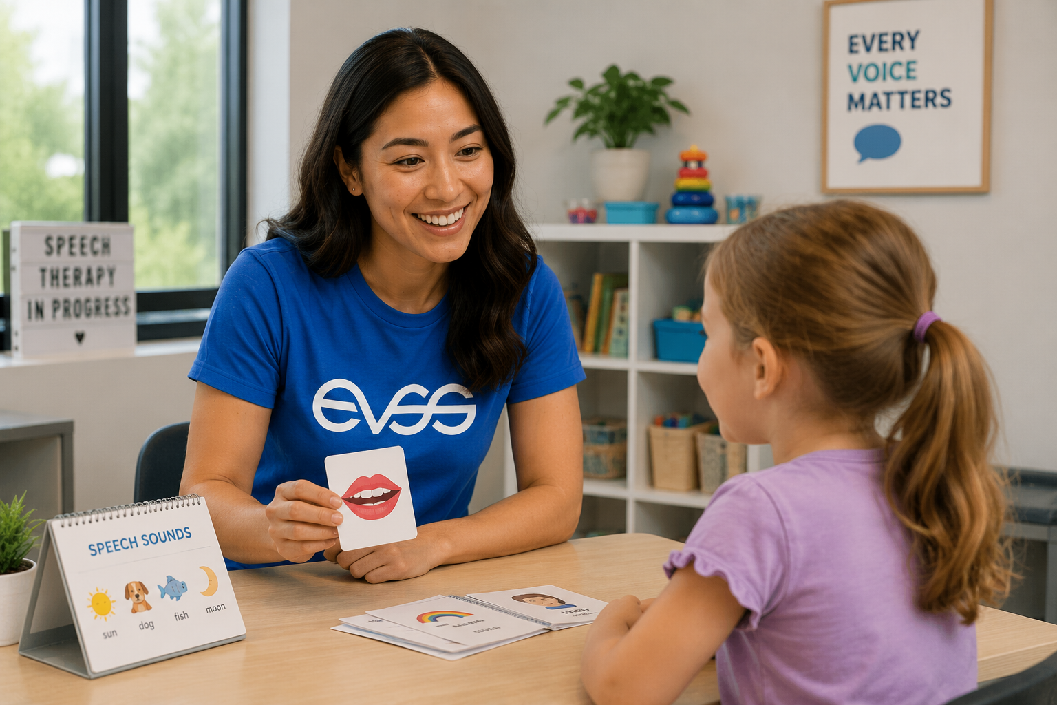 EVSS Speech Pathologist using articulation flashcards with a young girl in a bright therapy room, Every Voice Matters and Speech Therapy In Progress posters in the background
