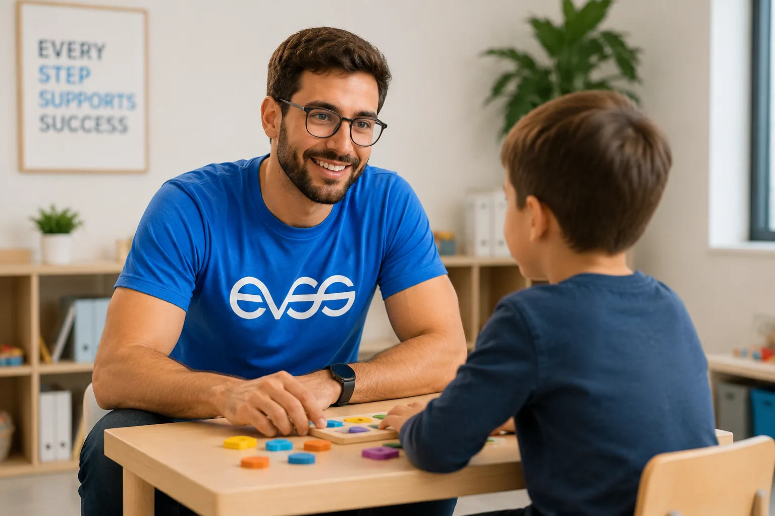 EVSS Behaviour Support Practitioner working one-on-one with a primary school child on a shape-matching activity