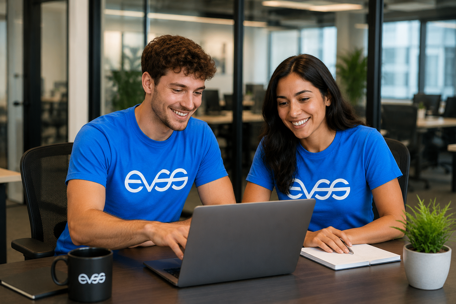 Two EVSS team members in blue EVSS shirts working together at a laptop in a bright office, booking-in a new participant referral