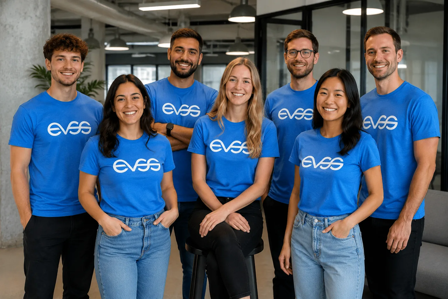 The EVSS practitioner team, seven Behaviour Support Practitioners in EVSS branded shirts.