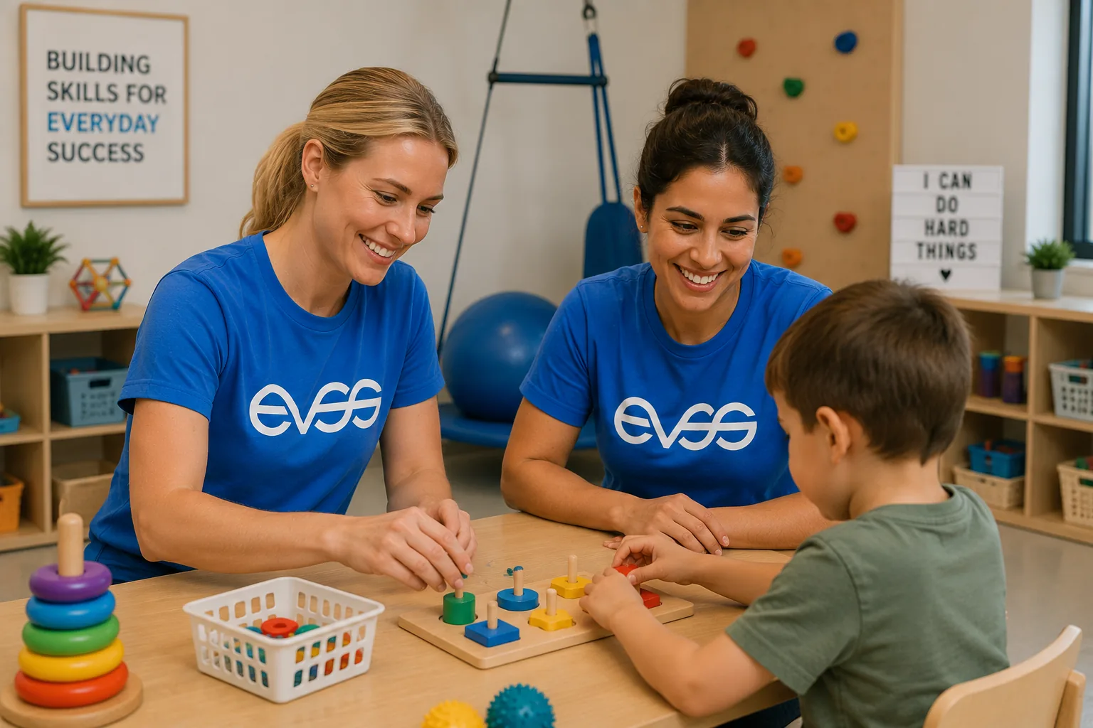 EVSS Occupational Therapists running a fine-motor peg-board session with a young boy